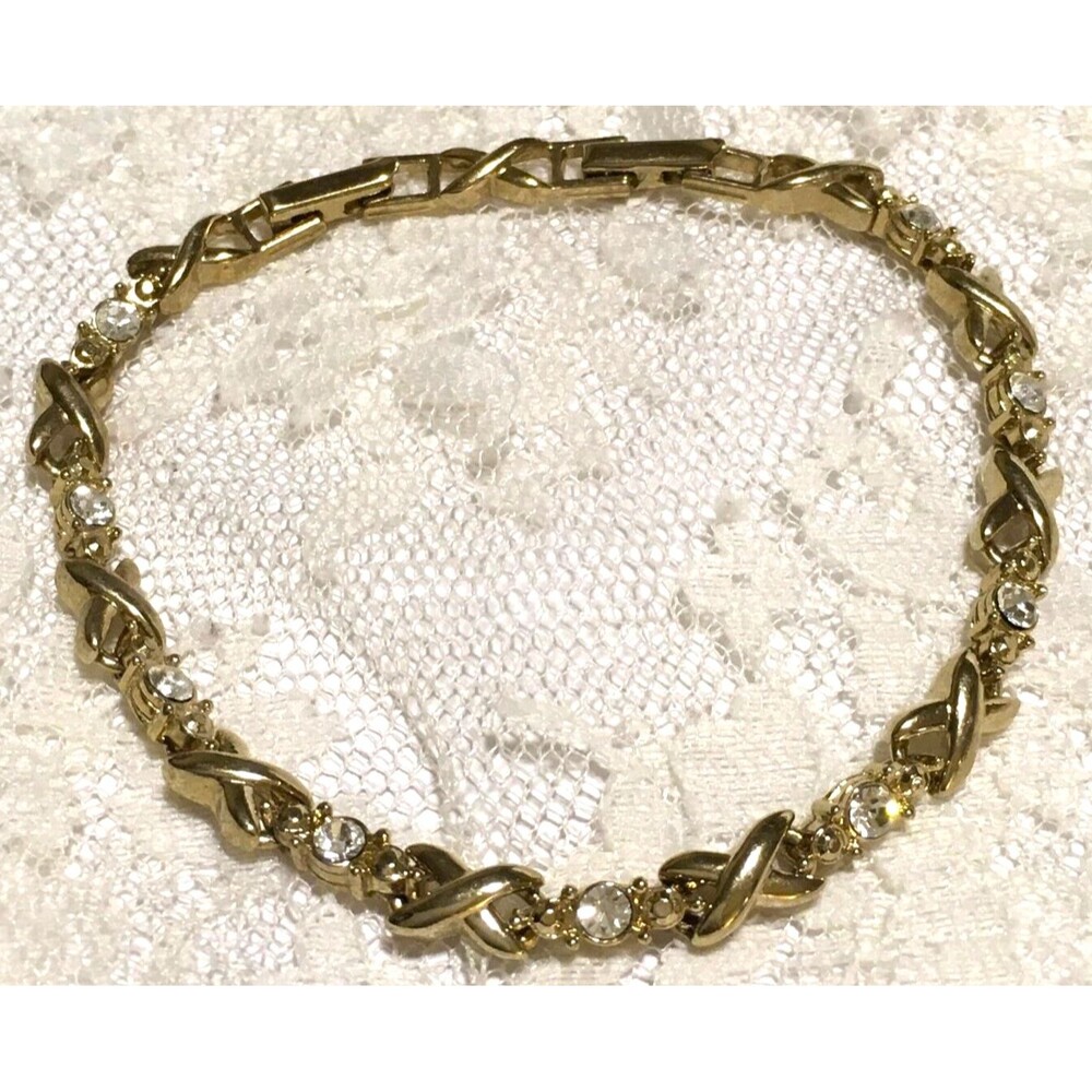 Vintage Gold Tone Chain Bracelet XOs Style Avon Clear Rhinestones Fold over 8"